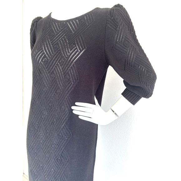 Vintage Savion Open Knit Midi Dress Sheer Center Puff Shoulder Black Size Large - Picture 6 of 7